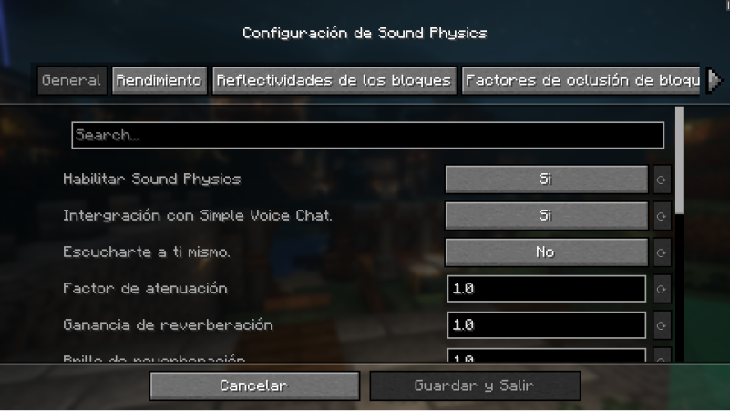 UI del mod Sounds Phisics Remastered