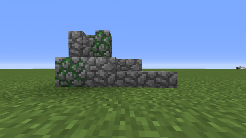 Moss Stone #0048<br />Cobblestone #0004<br />Cobblestone Wall #0139<br />Mossy Cobblestone Wall #0139:1<br />Cobblestone Stairs #0067<br />Cobblestone Slab #0044:3