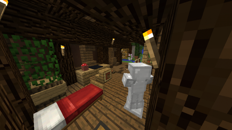 Tiene una mesa con un hongo, una cama, un porta-armadura y un colgador de herramientas.