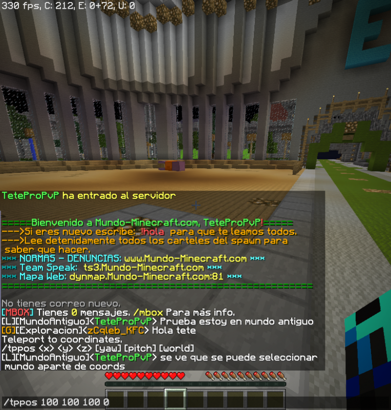 Se ve que esta el comando /tppos x=100 y=100 z=100 y 0 es el mundo normal