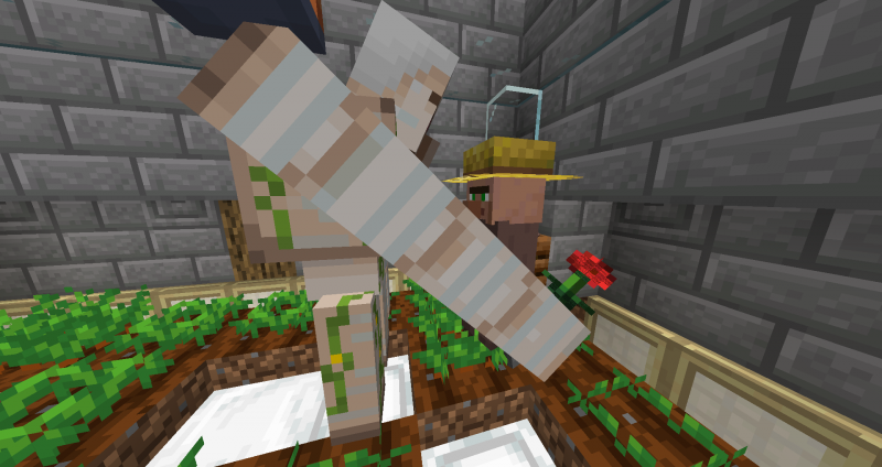 Un golem ofreciéndole una flor a los aldeanos.