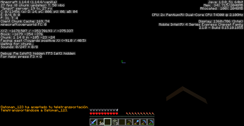 Esta es de cuando atravesé la bedrock y llegué a estar a más de -300 bloques de profundidad (suele pasarme muy a menudo).