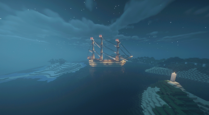 Imagen nocturna del navío con shader en el cual gracias a éstos se puede ver aun mejor la iluminación del barco