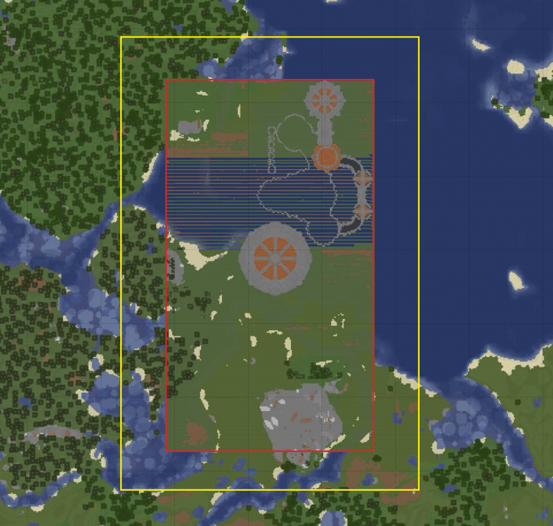 La zona roja es el área de construcción estructural, la zona amarilla es el área de los jardínes y decoraciones exteriores.