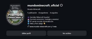 Perfil oficial de Instagram de Mundo-Minecraft mostrando la cuenta mundominecraft_oficial