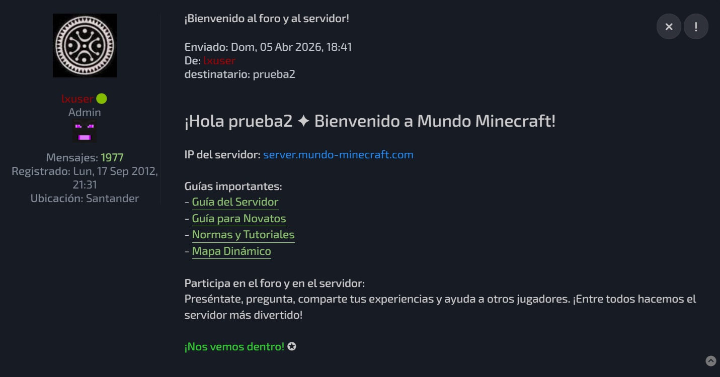 Mensaje privado de bienvenida para usuarios recién registrados en Mundo-Minecraft